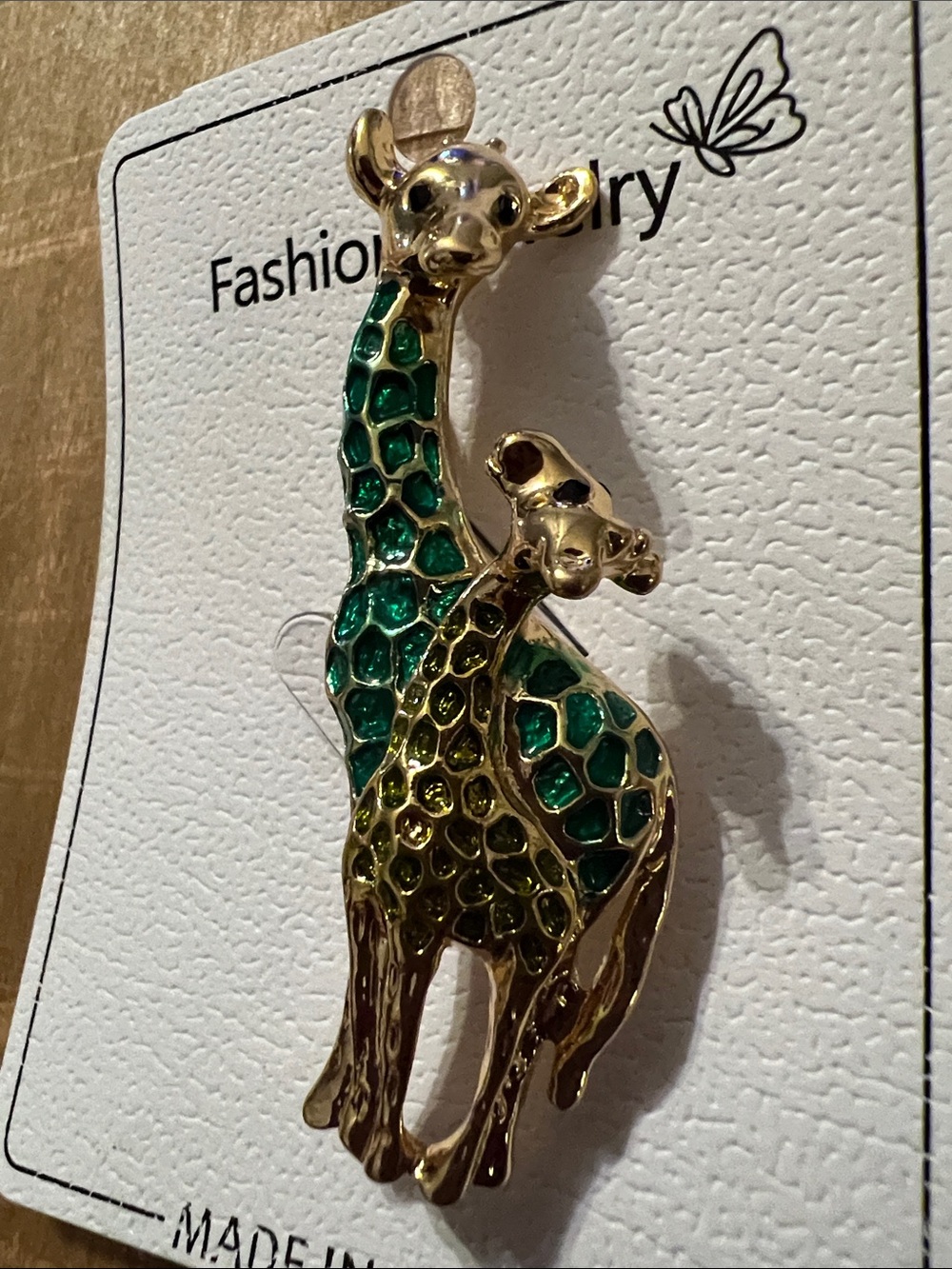 3/$18 Fashion Jewelry Gold-tone Giraffe Duo Brooch with Green Enamel Lot 507